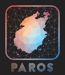 Paros map design. Vector low poly map of the island. Paros icon in geometric style. The island shape with polygnal gradient and mesh on dark background.
