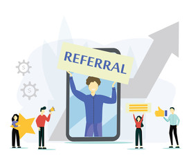 Smartphone and user vector, phone with line of people walking into screen. Referral system, refer friend, making money recommending new group flat style. Referral marketing program. Group customers.