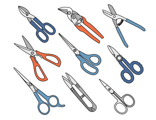 Different scissors models collection tools for gardening medical barber or tailor flat vector illustration isolated on white background