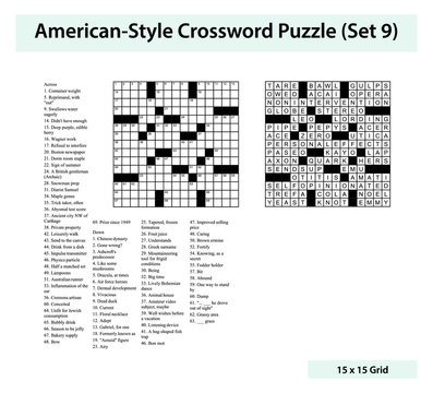 American style crossword puzzle with a 15 x 15 grid. Includes blank crossword grid, clues, and solution.