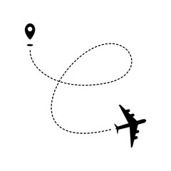 Plane path with geotag and dashed route. Black silhouette isolated on white background. Vector illustration.