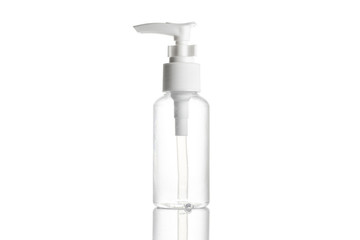 Pump bottle, empty sanitizer container for mineral cosmetic, soap shampoo isolated on white. Clear...