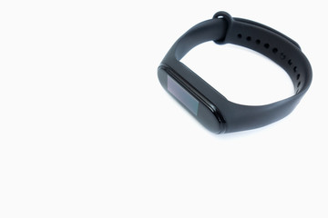 Black smart watch on white background, place for inscription