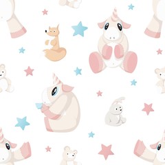 Seamless pattern with forest animals toys on white for baby products