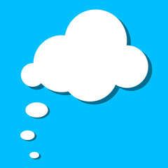 White paper thought bubble on blue background. Cloud speech frame icon. Think balloon silhouette design. Vector illustration.