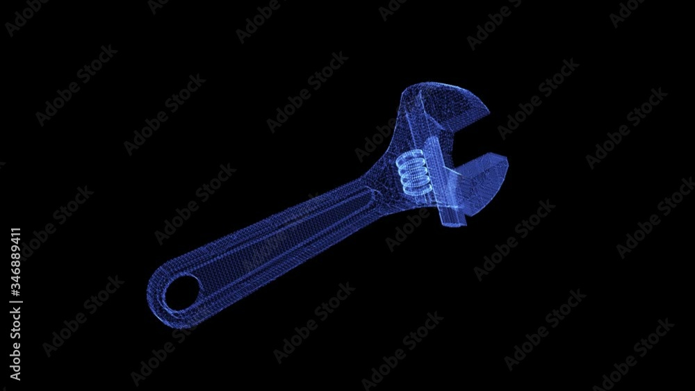 Wall mural the hologram of a wireframe adjustable wrench universal. 3d animation of hand tool on a black backgr