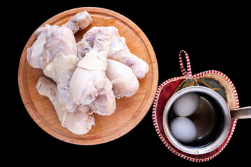 raw ingredients for the preparation of a delicious dish of fresh chicken drumsticks, step-by-step instruction, photos for cooking blog and advertising