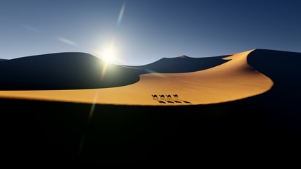 Camel convoy in the desert 3D render