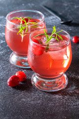 Fresh cold cranberry drink with ice and rosemary on black background. Summer refreshing drink close up.
