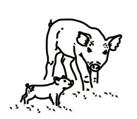 Pig and her piglet on a white background. Cartoon. Vector illustration.