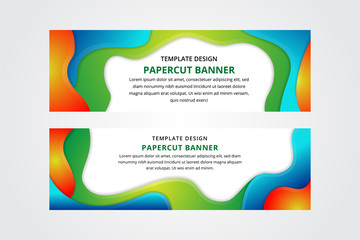 Horizontal banners with 3D abstract background with paper cut shapes. Vector design layout for business presentations, flyers, posters and invitations. Colorful carving art blue, yellow, and green