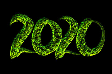 Happy new year 2020 isolated numbers lettering written by green particles. Isolate on black background