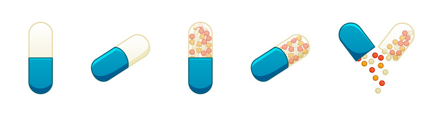 Oval capsule pills set isolated illustration. White background, vector.
