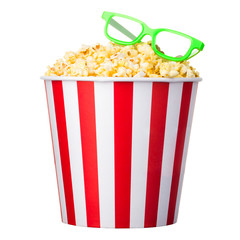 Paper striped bucket with popcorn and 3D glasses isolated on white background