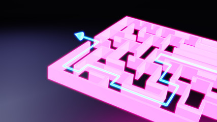 Neon labyrinth sign. Problem with solution concept. 3D render