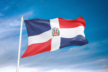 Dominican Republic flag waving sky background 3D illustration