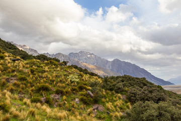 Fototapeta na wymiar Southern Alps. Mountains to the very clouds. South Island, New Zealand