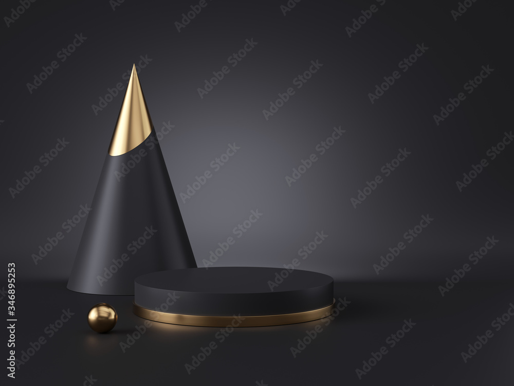 Poster 3d render, abstract minimalist geometric objects isolated on black background. blank mockup, empty c