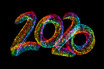 Happy new year 2020 isolated numbers lettering written by colorful confetti particles. Isolate on black background