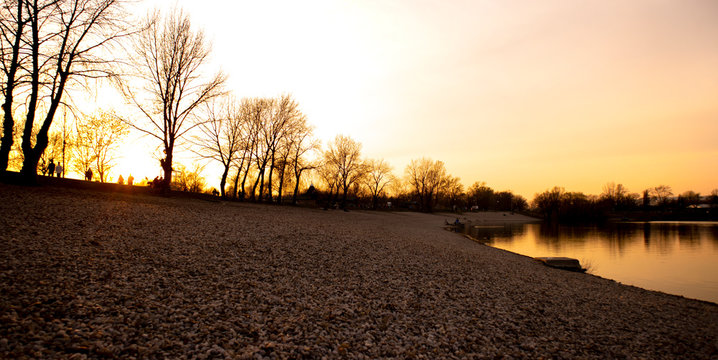 Zagreb/Croatia-March 21st,2020: Last walk around Jarun lake at golden hour of beautiful sunset, just days before lockdown due corona virus epidemic