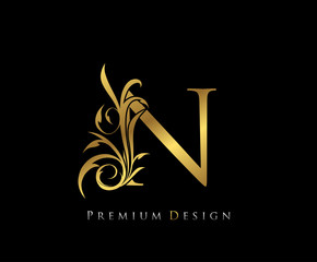 Luxury Gold Premium N Letter . Graceful style. Calligraphic beautiful logo. Vintage drawn emblem for book design, brand name, business card, Restaurant, Boutique, Hotel.