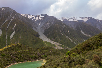 Naklejka na ściany i meble Landscapes of the Southern Alps. Glacier tracks near Lake Tasman. New Zealand