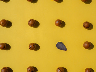 horizontal macadamia nuts pattern with 
nut cracker, yellow background