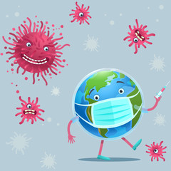 Vector stock illustration. Seamless pattern Merry planet earth fights the virus.