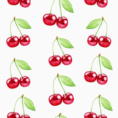 Watercolor seamless pattern of cherry on a white background.