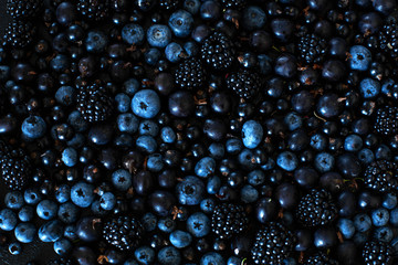 Mix set layout of different types of black berries on a black table. Stylish seasonal vitamins