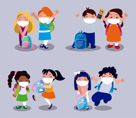 Set of girls and boys kids cartoons with masks and school bags vector design