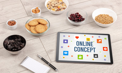 Healthy Tablet Pc compostion with ONLINE CONCEPT inscription, Social networking concept