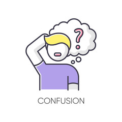 Confusion RGB color icon. Thinking of question. Man in doubt. Frustrated facial expression. Psychological problem. Mental health issue. Puzzled person. Memory loss. Isolated vector illustration