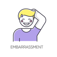 Embarrassment RGB color icon. Man acting shy. Feeling of humiliation. Self conscious behaviour. Nervous from modesty. Person blush and sweat. Moral emotion. Isolated vector illustration
