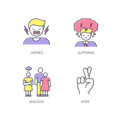 Psychological problem RGB color icons set. Man scream from hatred. Suffering from mental illness. Woman feeling jealous of man. Hope and belief. Psychological help. Isolated vector illustrations