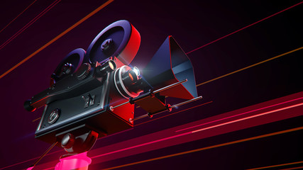 vintage retro movie camera on dinamic dark light ray color stripes background. concepot for online cinema movie rental service poster banner 3d render.