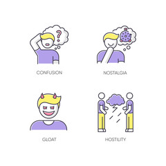 Human attitude RGB color icons set. Man think in confusion. Person experience nostalgia. Evil gloat. Hostility and aggression attitude. Negative behaviour. Isolated vector illustrations