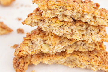 Homemade fresh appetizing oatmeal cookies close-up. The concept of healthy breakfast, homemade food. Light background.