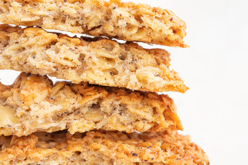 Homemade fresh appetizing oatmeal cookies close-up. The concept of healthy breakfast, homemade food. Light background.