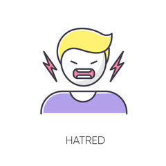 Hatred RGB color icon. Man aggressively shout. Person yell from irritation. Negative intense emotion. Feeling of rage. Crisis and conflict. Emotional outburst. Isolated vector illustration