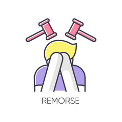 Remorse RGB color icon. Man with regret. Person cover face in shame. Crisis and loneliness. Mental health. Suffering from blame. Patient in distress. Feeling guilty. Isolated vector illustration