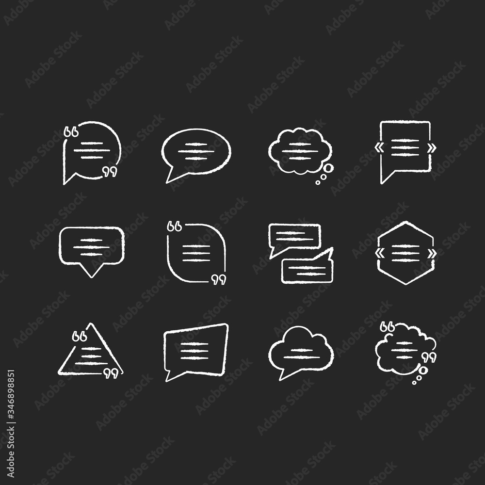 Poster dialogue box chalk white icons set on black background. blank speech clouds various shapes. chat bub