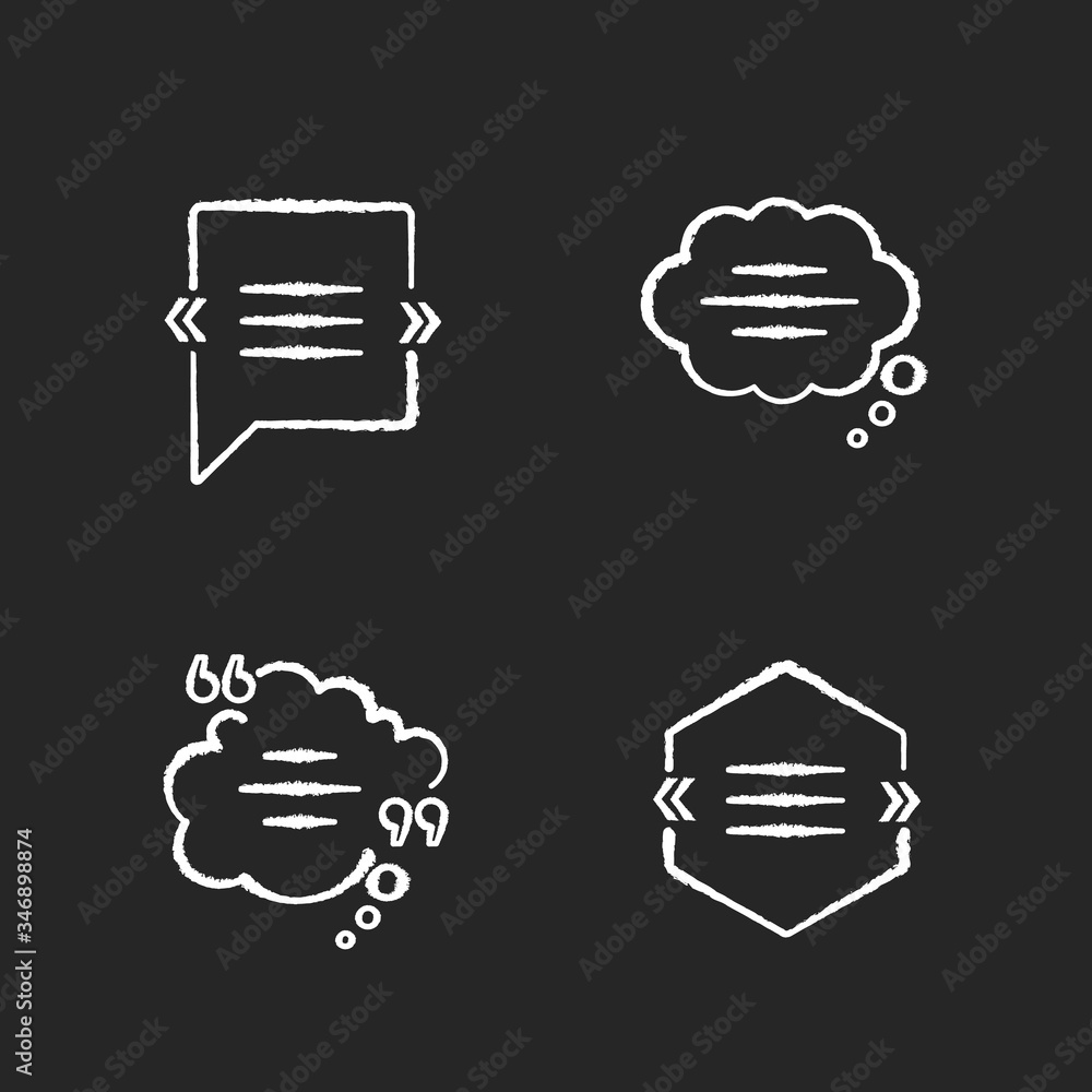 Poster chat bubble with quotation marks chalk white icons set on black background. textbox with copyspace. 