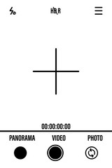 Camera screen with white frame, figures and battery symbol. Camcorder viewfinder on black background. Vector illustration for your graphic design