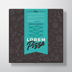 Anchovy Frozen Pizza Realistic Cardboard Box. Abstract Vector Packaging Design or Label. Modern Typography, Sketch Seamless Food Pattern. Black Paper Background Layout.