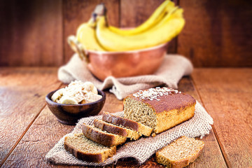 homemade vegan bread with oats. Sliced ​​bread, banana flavor. Healthy lifestyle concept, vegan lifestyle