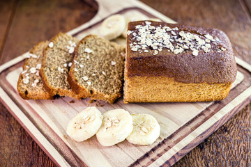 homemade vegan bread with oats. Sliced ​​bread, banana flavor.