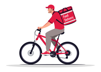 Obraz premium Food delivery biker semi flat RGB color vector illustration. Cafe order shipping worker on bike. Caucasian male courier in red uniform isolated cartoon character on white background