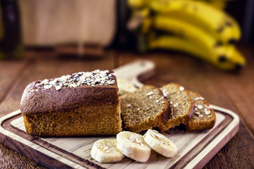 homemade vegan bread with oats. Sliced ​​bread, banana flavor.