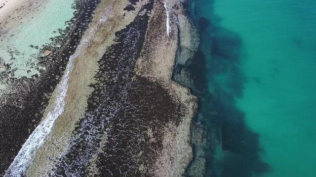 Vertical aerial drone view of tropical coral ocean reef background with turquoise water and tidal waves  in slow motion.